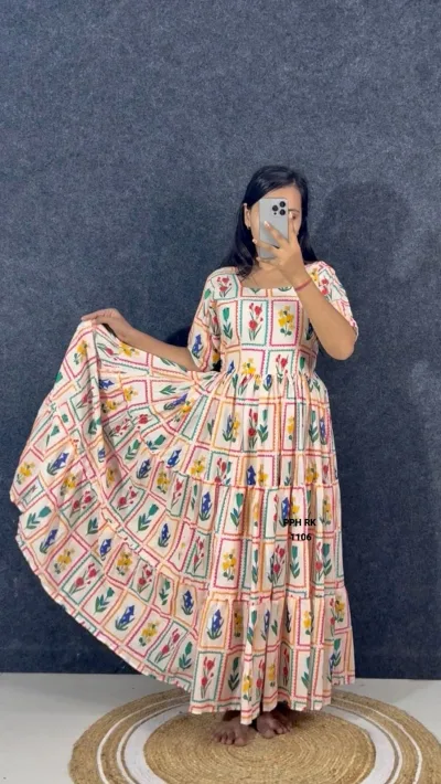 Off-White Mull Chanderi Hand-Block Print Flower Gown